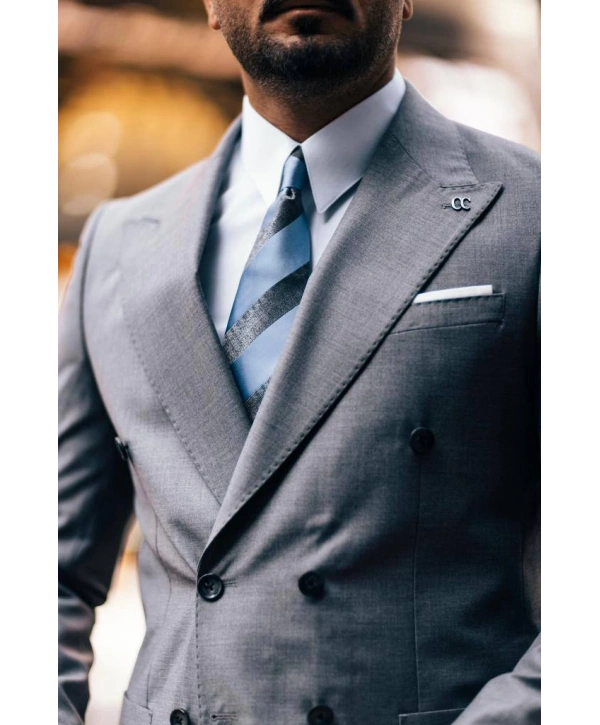 Erkek Dar Kesim Pantolonu Pileli Slimfit KruvazeTakım Elbise-Gri