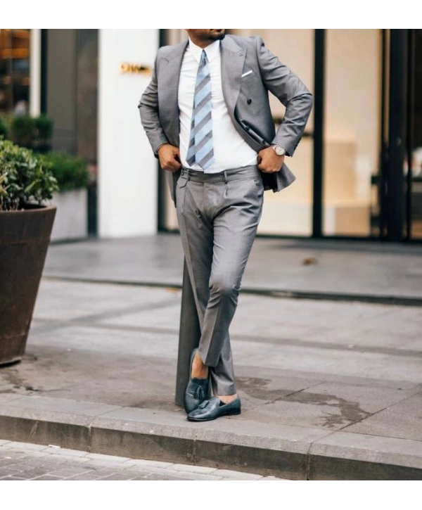 Erkek Dar Kesim Pantolonu Pileli Slimfit KruvazeTakım Elbise-Gri