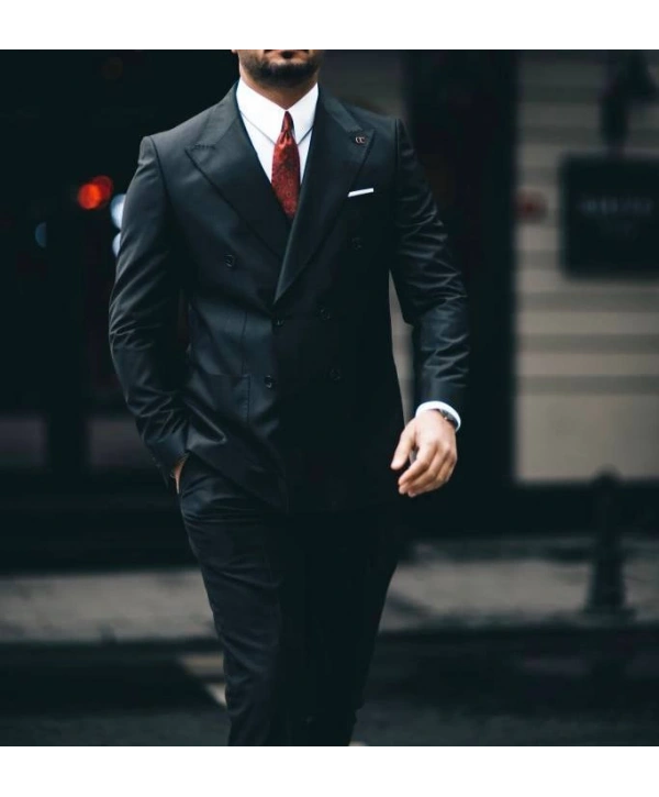 Erkek Dar Kesim Pantolonu Pileli Slimfit KruvazeTakım Elbise-Siyah