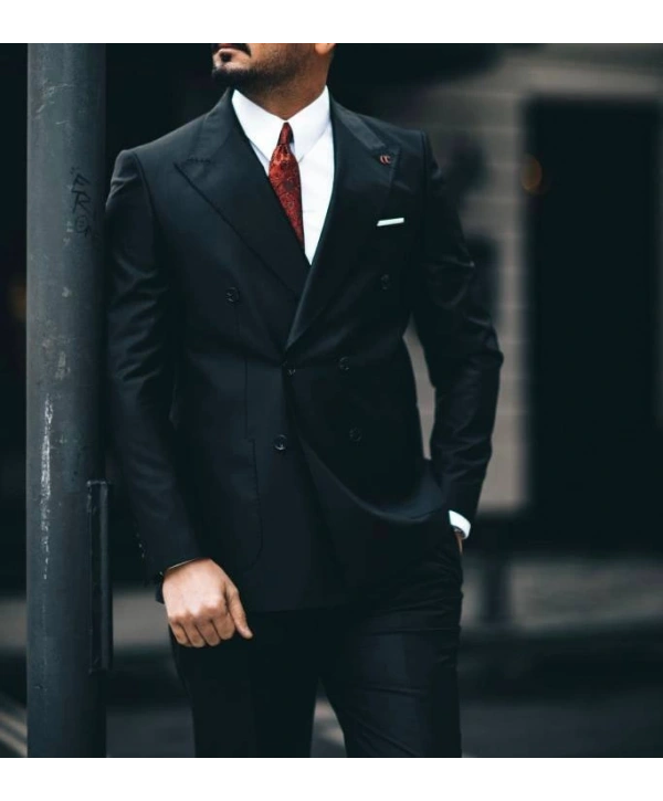 Erkek Dar Kesim Pantolonu Pileli Slimfit KruvazeTakım Elbise-Siyah