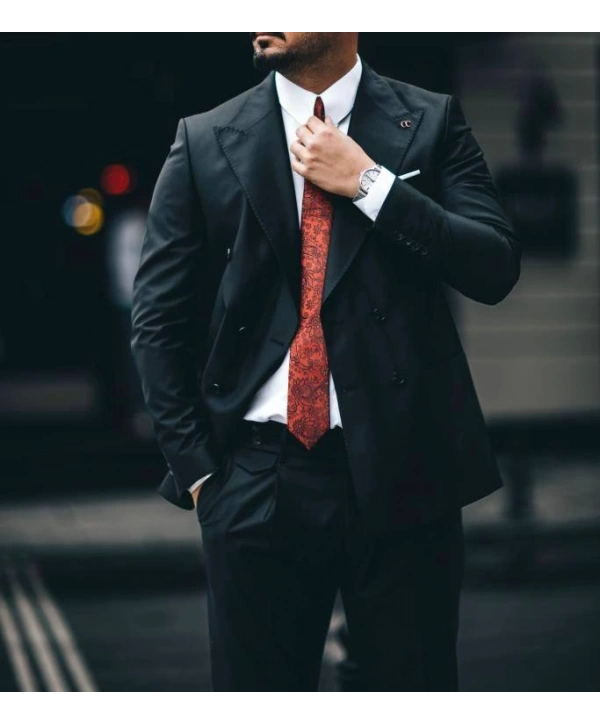 Erkek Dar Kesim Pantolonu Pileli Slimfit KruvazeTakım Elbise-Siyah