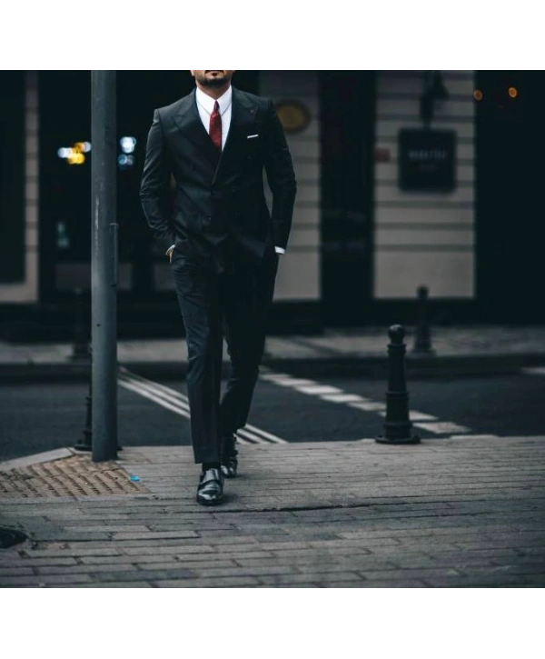 Erkek Dar Kesim Pantolonu Pileli Slimfit KruvazeTakım Elbise-Siyah