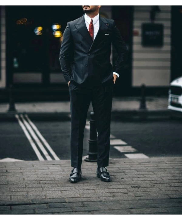 Erkek Dar Kesim Pantolonu Pileli Slimfit KruvazeTakım Elbise-Siyah