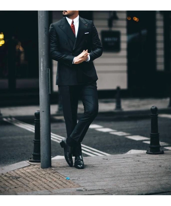 Erkek Dar Kesim Pantolonu Pileli Slimfit KruvazeTakım Elbise-Siyah