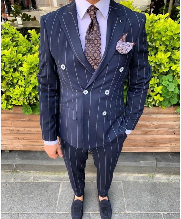 Erkek Dar Kesim Silimfit Kruvaze Çizgili Takım Elbise-Siyah