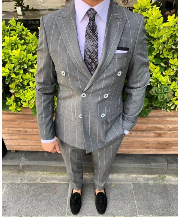 Erkek Dar Kesim Silimfit Kruvaze Çizgili Takım Elbise-Siyah