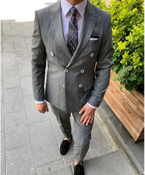 Erkek Dar Kesim Silimfit Kruvaze Çizgili Takım Elbise-Siyah