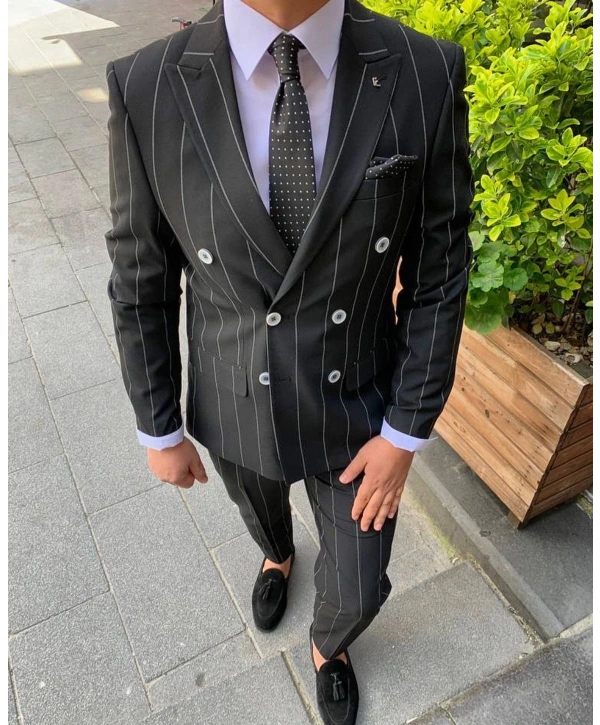 Erkek Dar Kesim Silimfit Kruvaze Çizgili Takım Elbise-Siyah