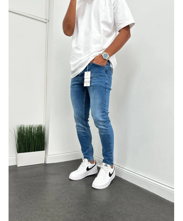 Erkek Dar Kesim Skınyfıt Kot Pantolon- Mavi
