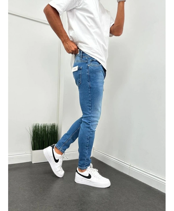 Erkek Dar Kesim Skınyfıt Kot Pantolon- Mavi