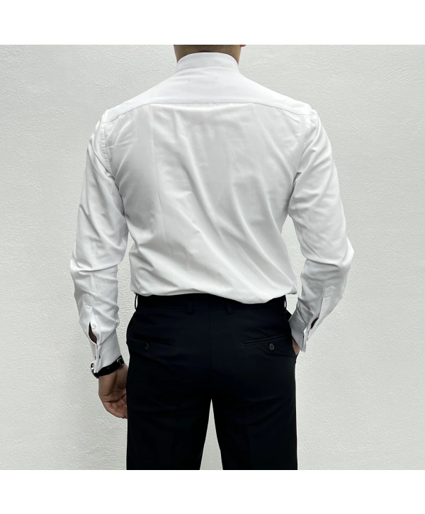 Erkek Dar Kesim Slimfit Ata Yaka Kol Düğmeli Gömlek-Beyaz