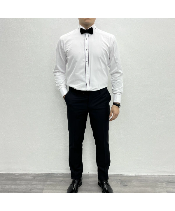 Erkek Dar Kesim Slimfit Ata Yaka Kol Düğmeli Gömlek-Beyaz
