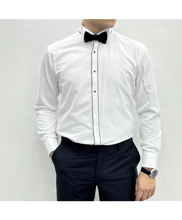 Erkek Dar Kesim Slimfit Ata Yaka Kol Düğmeli Gömlek-Beyaz