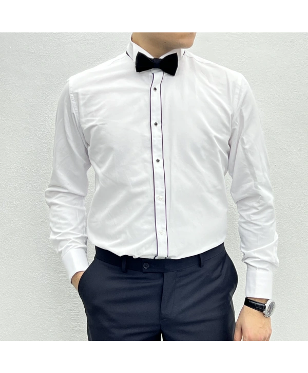 Erkek Dar Kesim Slimfit Ata Yaka Kol Düğmeli Gömlek-Beyaz