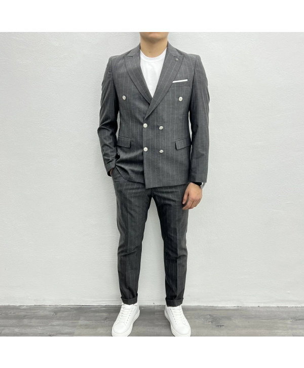 Erkek Dar Kesim Slimfit Çizgili Takım Elbise- Gri