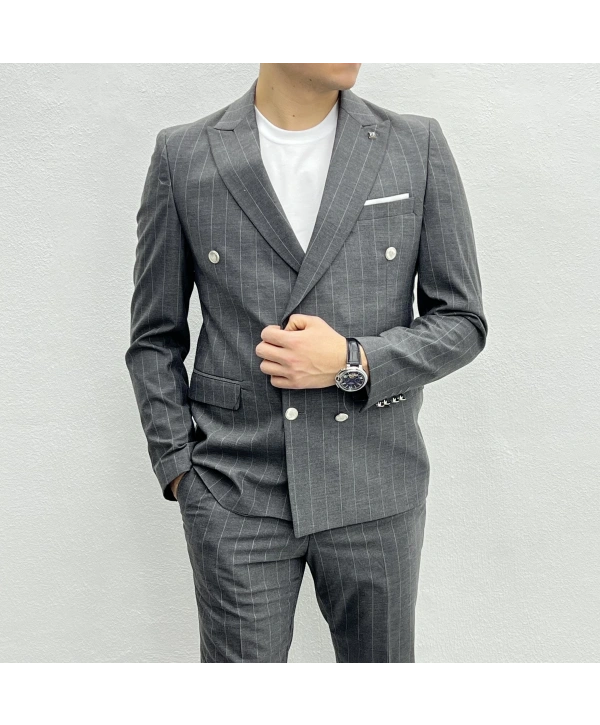 Erkek Dar Kesim Slimfit Çizgili Takım Elbise- Gri