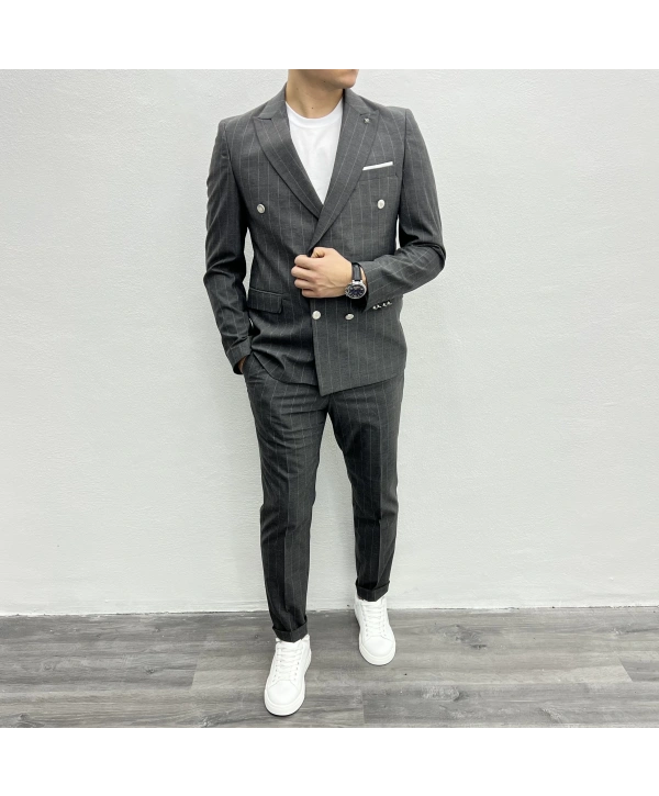 Erkek Dar Kesim Slimfit Çizgili Takım Elbise- Gri