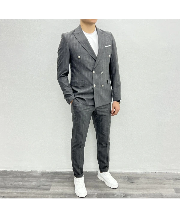 Erkek Dar Kesim Slimfit Çizgili Takım Elbise- Gri