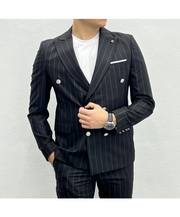 Erkek Dar Kesim Slimfit Çizgili Takım Elbise- Siyah