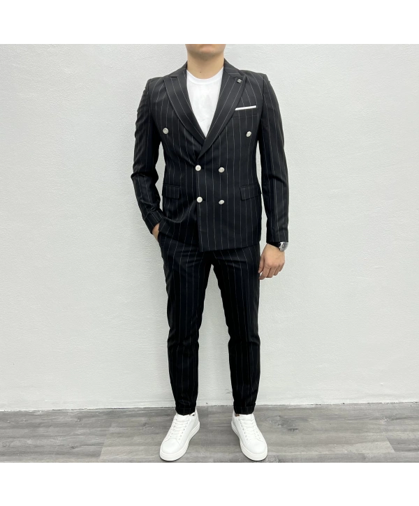 Erkek Dar Kesim Slimfit Çizgili Takım Elbise- Siyah