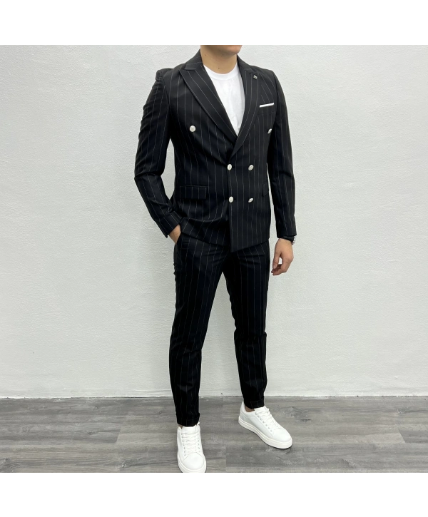 Erkek Dar Kesim Slimfit Çizgili Takım Elbise- Siyah