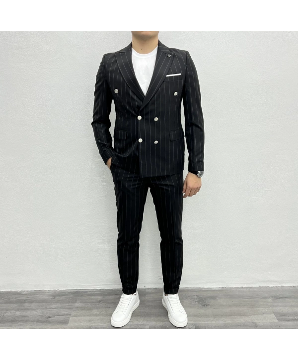 Erkek Dar Kesim Slimfit Çizgili Takım Elbise- Siyah