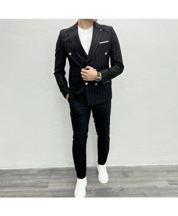 Erkek Dar Kesim Slimfit Çizgili Takım Elbise- Siyah