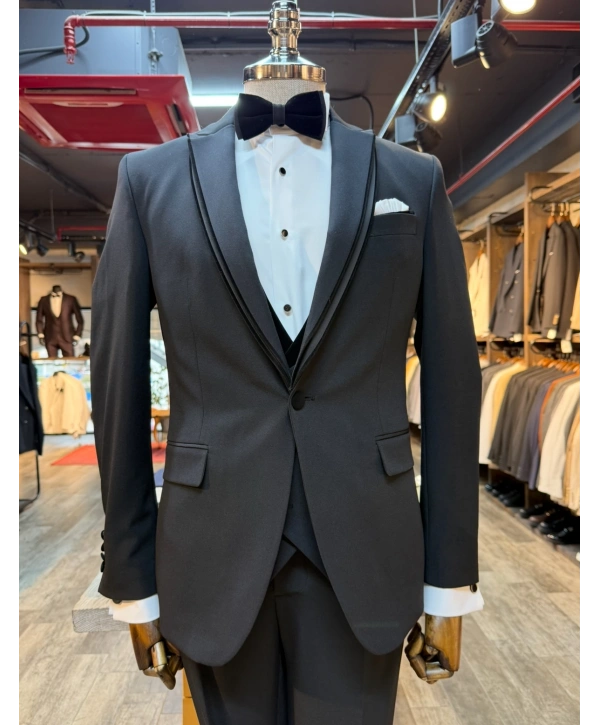 Erkek Dar Kesim Slimfit Kırlangıç Yaka Damatlık Takım Elbise-Siyah