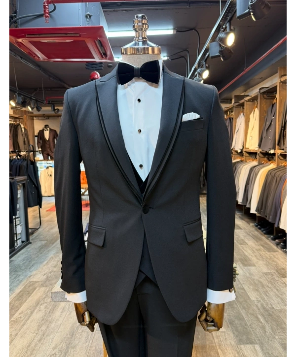 Erkek Dar Kesim Slimfit Kırlangıç Yaka Damatlık Takım Elbise-Siyah