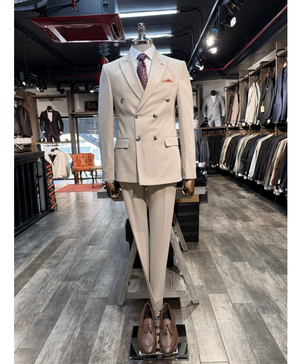 Erkek Dar Kesim Slimfit Kırlangıç Yaka Dokumalı KruvazeTakım Elbise-Krem