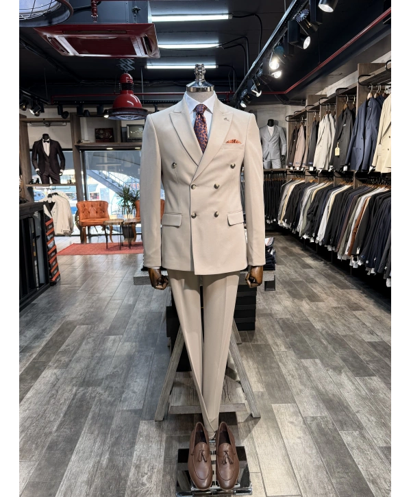 Erkek Dar Kesim Slimfit Kırlangıç Yaka Dokumalı KruvazeTakım Elbise-Krem