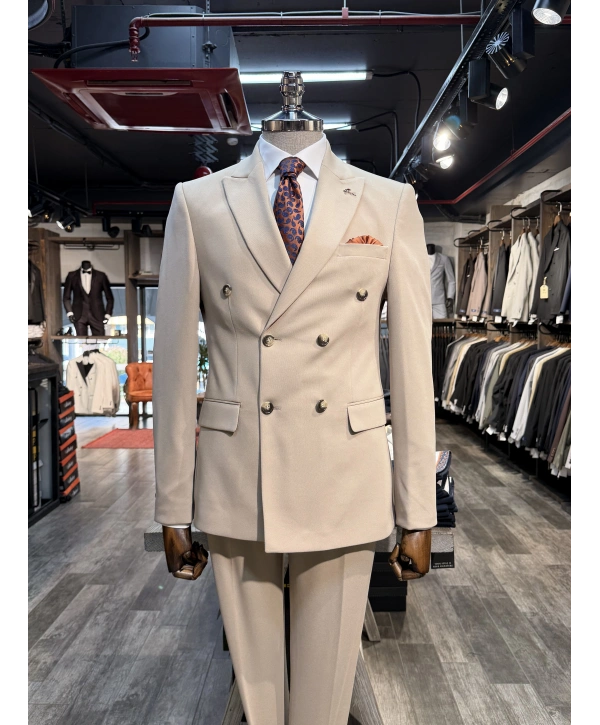 Erkek Dar Kesim Slimfit Kırlangıç Yaka Dokumalı KruvazeTakım Elbise-Krem