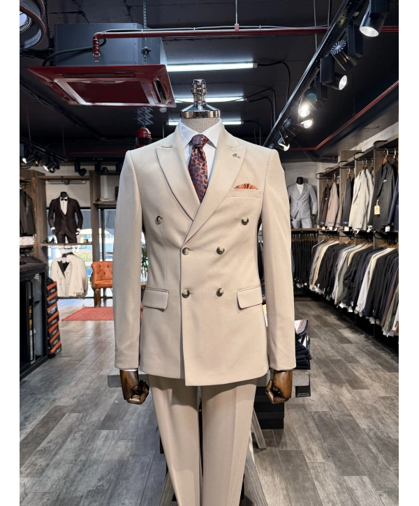 Erkek Dar Kesim Slimfit Kırlangıç Yaka Dokumalı KruvazeTakım Elbise-Krem