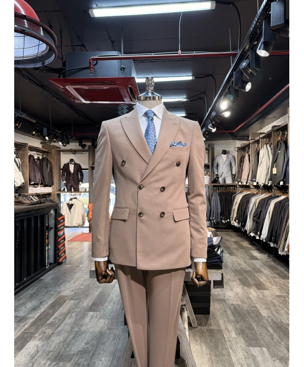 Erkek Dar Kesim Slimfit Kırlangıç Yaka Dokumalı KruvazeTakım Elbise-Vizon