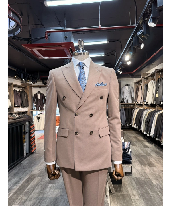 Erkek Dar Kesim Slimfit Kırlangıç Yaka Dokumalı KruvazeTakım Elbise-Vizon
