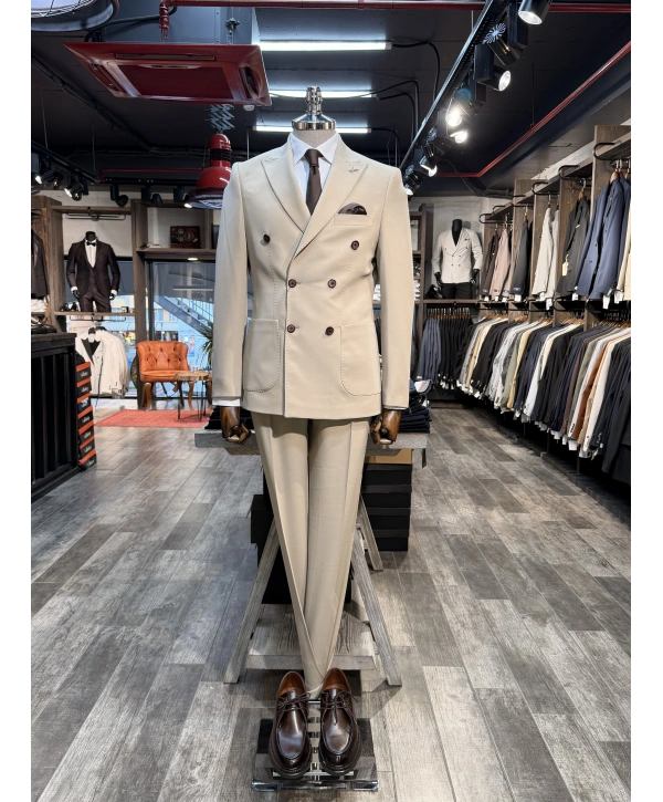 Erkek Dar Kesim Slimfit Kırlangıç Yaka KruvazeTakım Elbise-Krem