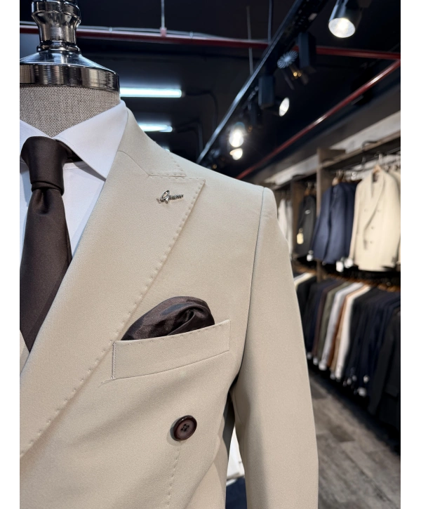 Erkek Dar Kesim Slimfit Kırlangıç Yaka KruvazeTakım Elbise-Krem