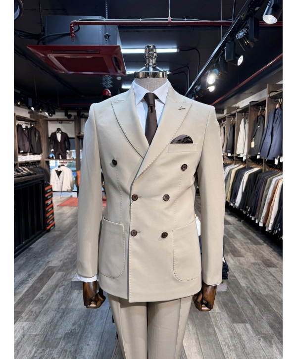 Erkek Dar Kesim Slimfit Kırlangıç Yaka KruvazeTakım Elbise-Krem