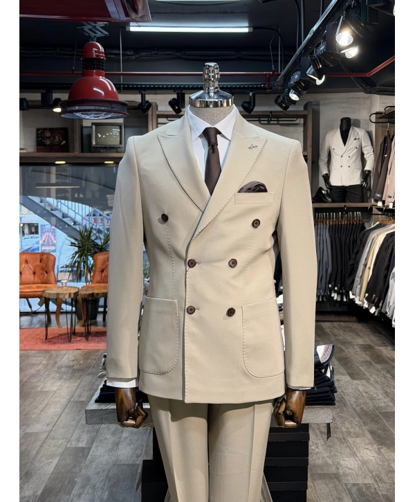 Erkek Dar Kesim Slimfit Kırlangıç Yaka KruvazeTakım Elbise-Krem