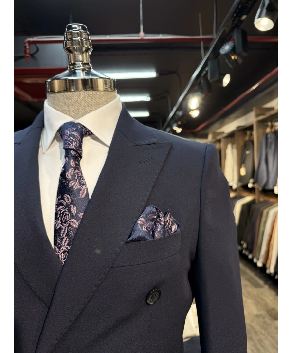 Erkek Dar Kesim Slimfit Kırlangıç Yaka KruvazeTakım Elbise-Lacivert