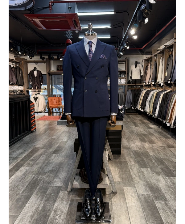 Erkek Dar Kesim Slimfit Kırlangıç Yaka KruvazeTakım Elbise-Lacivert