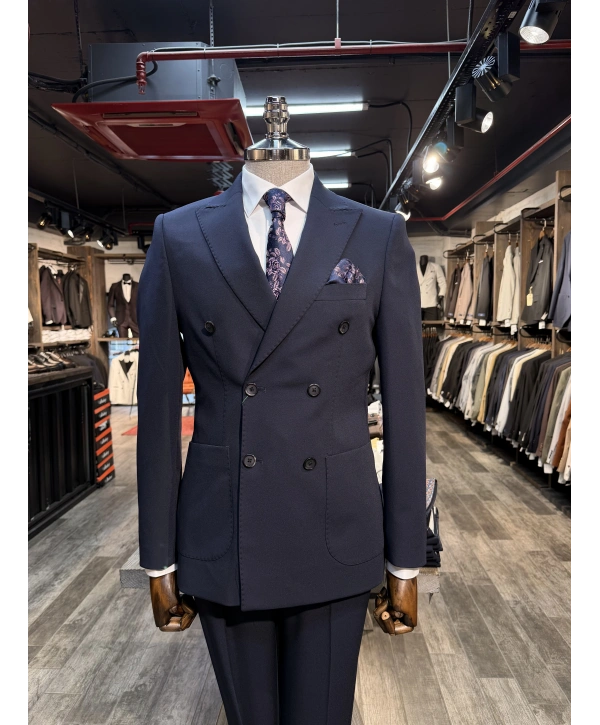 Erkek Dar Kesim Slimfit Kırlangıç Yaka KruvazeTakım Elbise-Lacivert