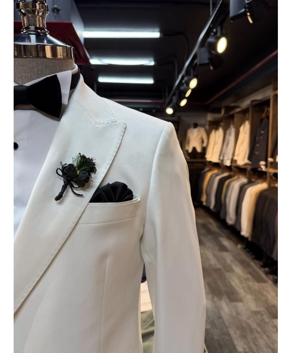 Erkek Dar Kesim Slimfit Kruvaze Damatlık Takım Elbise-Beyaz-Beyaz