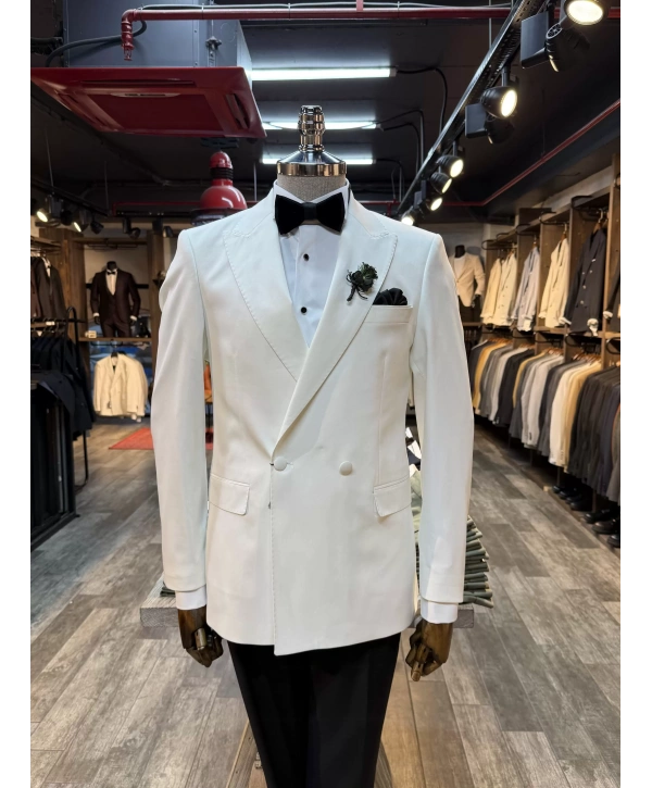 Erkek Dar Kesim Slimfit Kruvaze Damatlık Takım Elbise-Beyaz-Beyaz