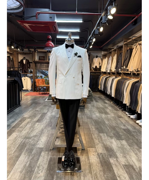 Erkek Dar Kesim Slimfit Kruvaze Damatlık Takım Elbise-Beyaz-Beyaz