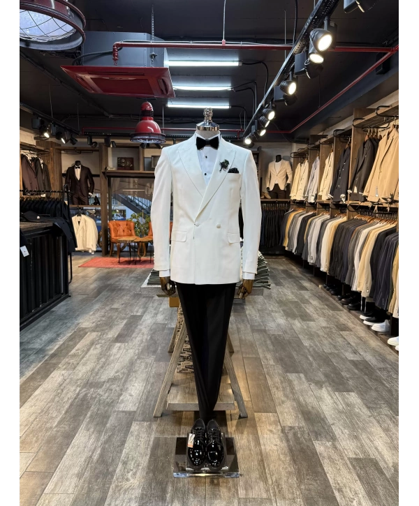 Erkek Dar Kesim Slimfit Kruvaze Damatlık Takım Elbise-Beyaz-Beyaz
