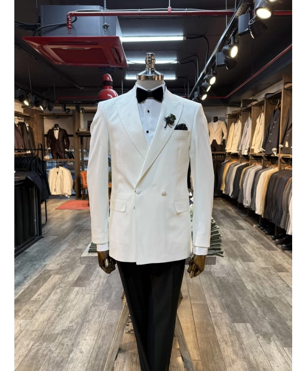 Erkek Dar Kesim Slimfit Kruvaze Damatlık Takım Elbise-Beyaz-Beyaz