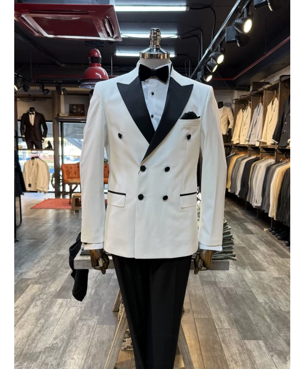 Erkek Dar Kesim Slimfit Kruvaze Damatlık Takım Elbise-Beyaz-Siyah