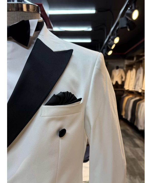 Erkek Dar Kesim Slimfit Kruvaze Damatlık Takım Elbise-Beyaz-Siyah