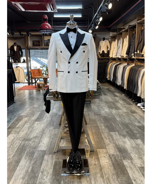 Erkek Dar Kesim Slimfit Kruvaze Damatlık Takım Elbise-Beyaz-Siyah